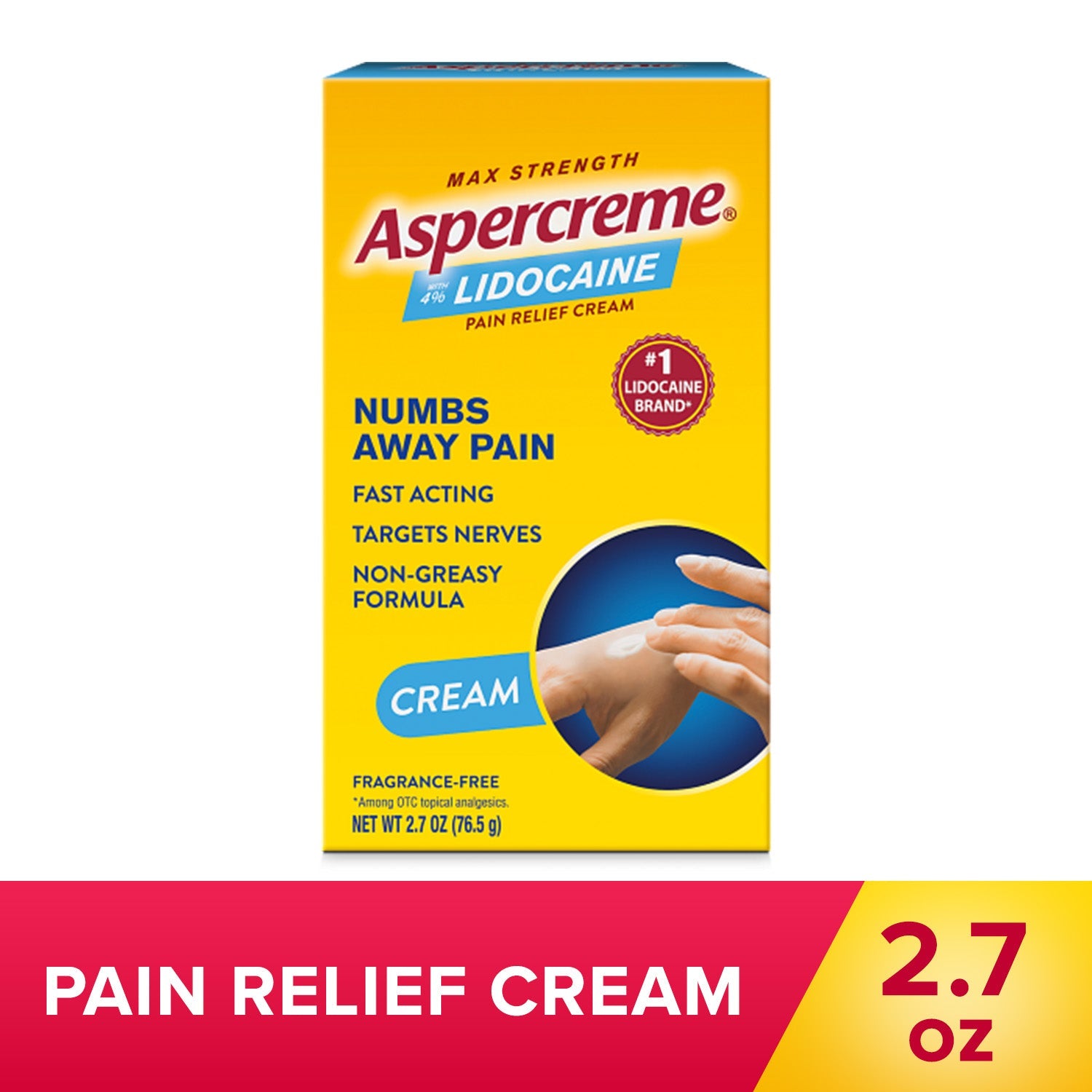 Cream tube of Aspercreme Maximum Strength Pain Relief with Lidocaine from Pasteur Pharmacy, showing the product packaging.