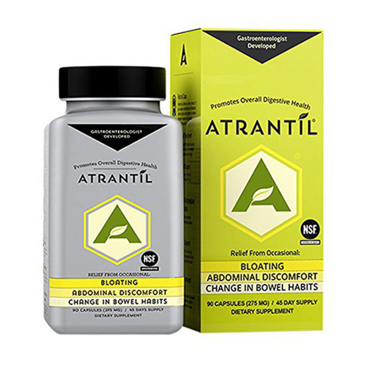 Bottle of Pasteur Pharmacy Atrantil digestive supplement capsules, 90-count for gut health and digestive support.