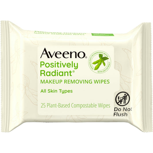 Aveeno Positively Radiant oil-free makeup removing face wipes in a pack of 25, designed for gentle cleansing and brightening skin.