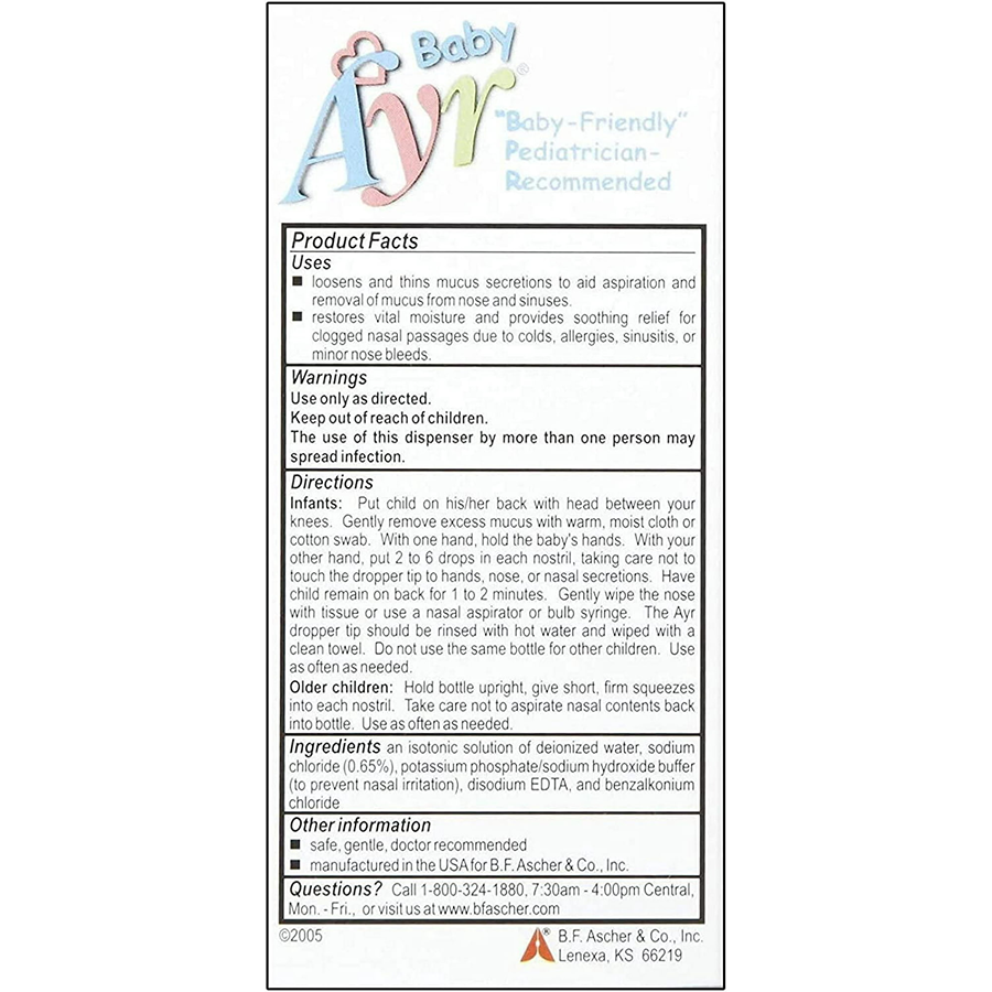 Ayr Baby Saline 0.65% nasal drops in a 30ml bottle, gentle saline solution for nasal relief, from Pasteur Pharmacy.
