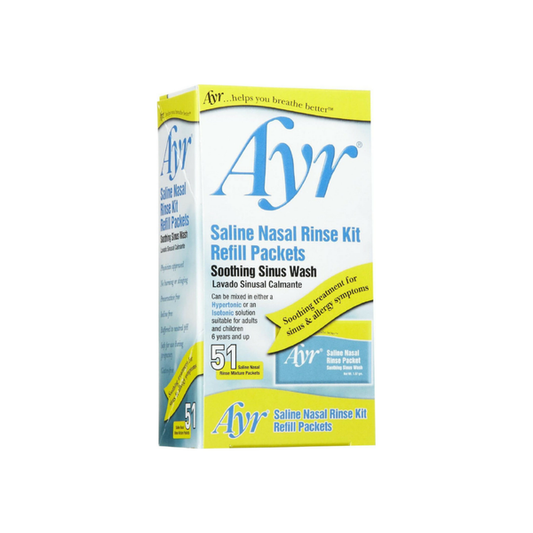 Ayr Sinus Nasal Rinse Kit refill packets for nasal irrigation, packaged in individual sachets for health and allergy relief.