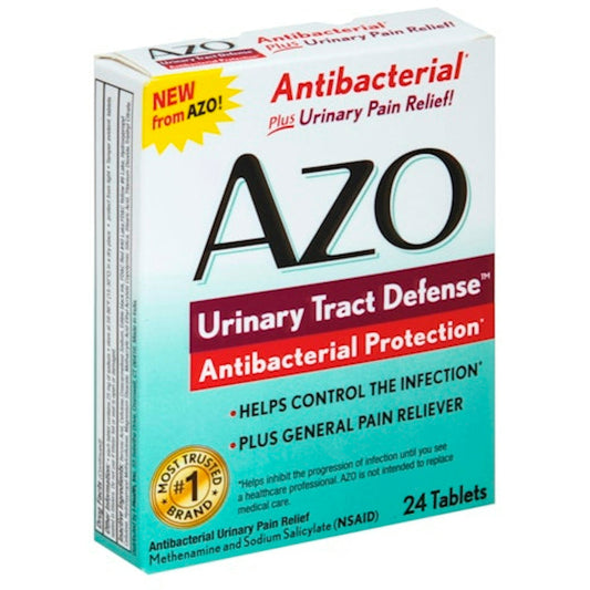 AZO Urinary Tract Defense antibacterial tablets for urinary health and pain relief, 24 tablets from Pasteur Pharmacy.