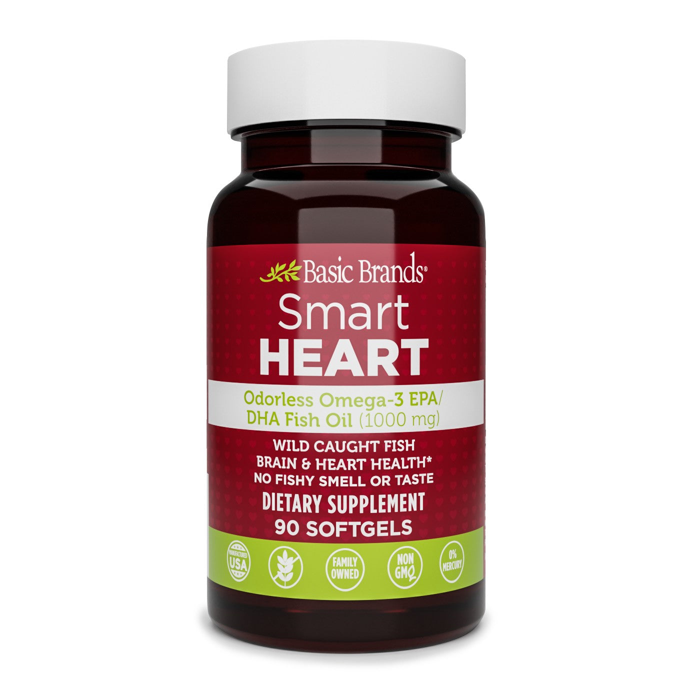 Basic Organics Omega-3 Fish Oil softgels in a bottle, 1000mg, natural fish oil supplement for health and wellness.