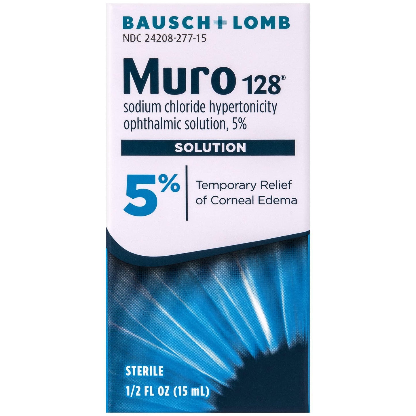 Bausch + Lomb Muro 128 5% sterile hypertonic eye drops in 0.5 fl oz bottle, used for relieving eye swelling and irritation.