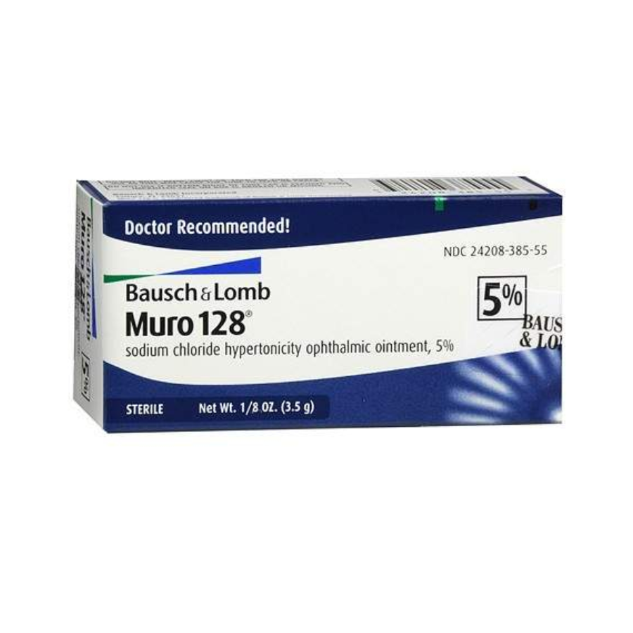Bausch & Lomb Muro 128 5% sterile ophthalmic ointment in 0.12 oz tube, used for eye treatment, by Pasteur Pharmacy.