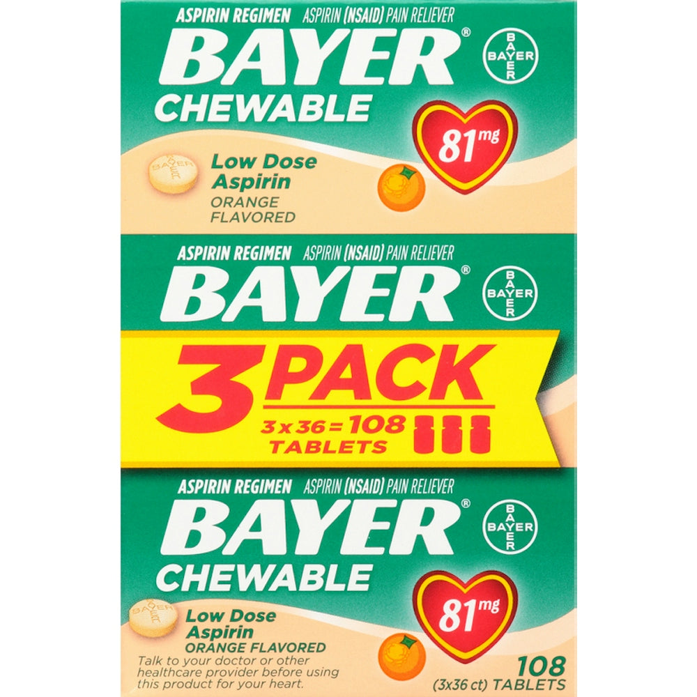 Bayer Aspirin 81 mg chewable tablets in orange flavor, 36 count, three-pack, for pain relief and heart health.