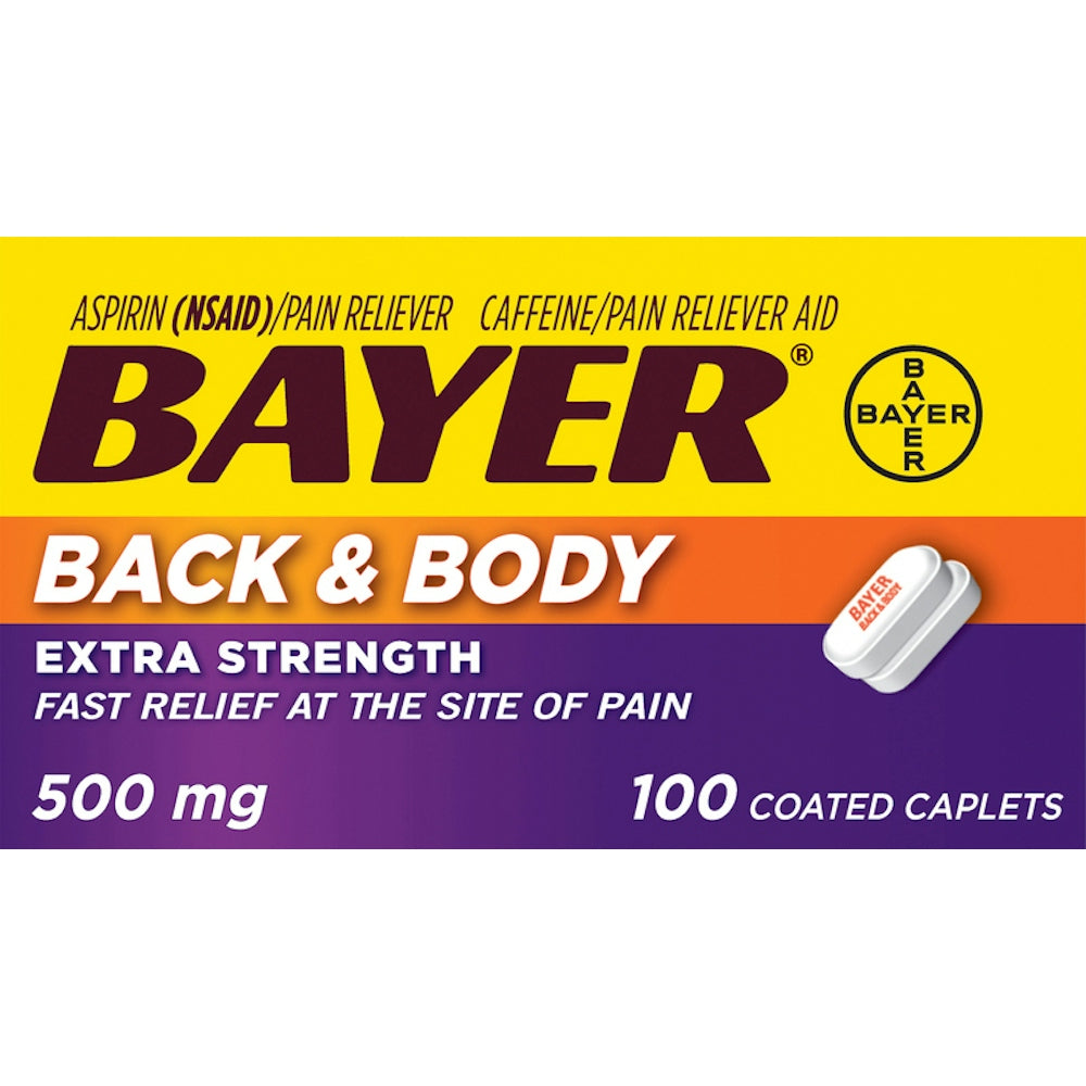 Bayer Back & Body Extra Strength Pain Reliever Aspirin with Caffeine, 500mg coated tablets for pain relief, shown in blister pack