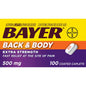 Bayer Back & Body Extra Strength Pain Reliever Aspirin with Caffeine, 500mg coated tablets for pain relief, shown in blister pack