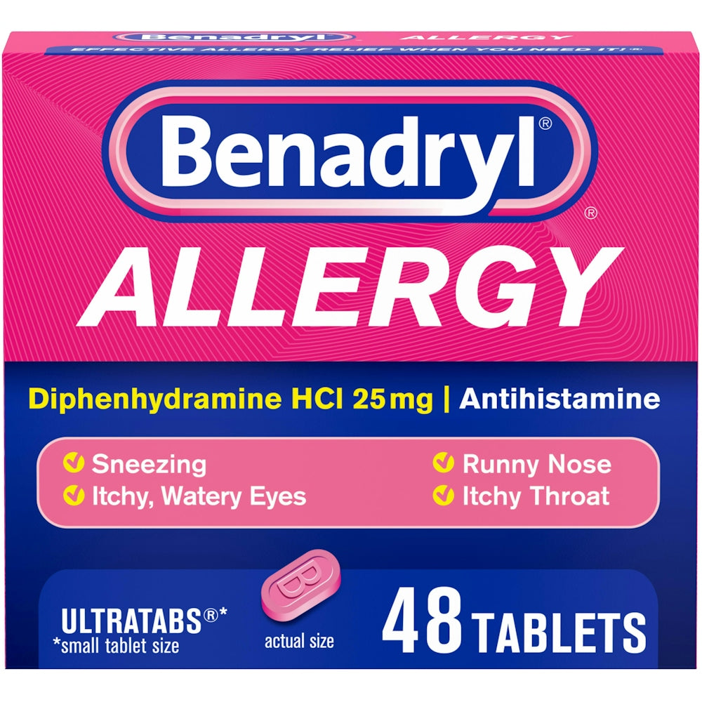 Benadryl 25mg allergy tablets by Pasteur Pharmacy, 48 count, showing the medication in blister packaging