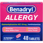Benadryl 25mg allergy tablets by Pasteur Pharmacy, 48 count, showing the medication in blister packaging