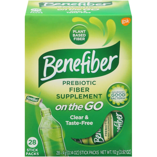 Benefiber On-the-Go Prebiotic Fiber Supplement sticks, 28 packs, in a white and blue packet, designed for health and digestive wellness.