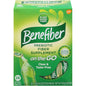 Benefiber On-the-Go Prebiotic Fiber Supplement sticks, 28 packs, in a white and blue packet, designed for health and digestive wellness.