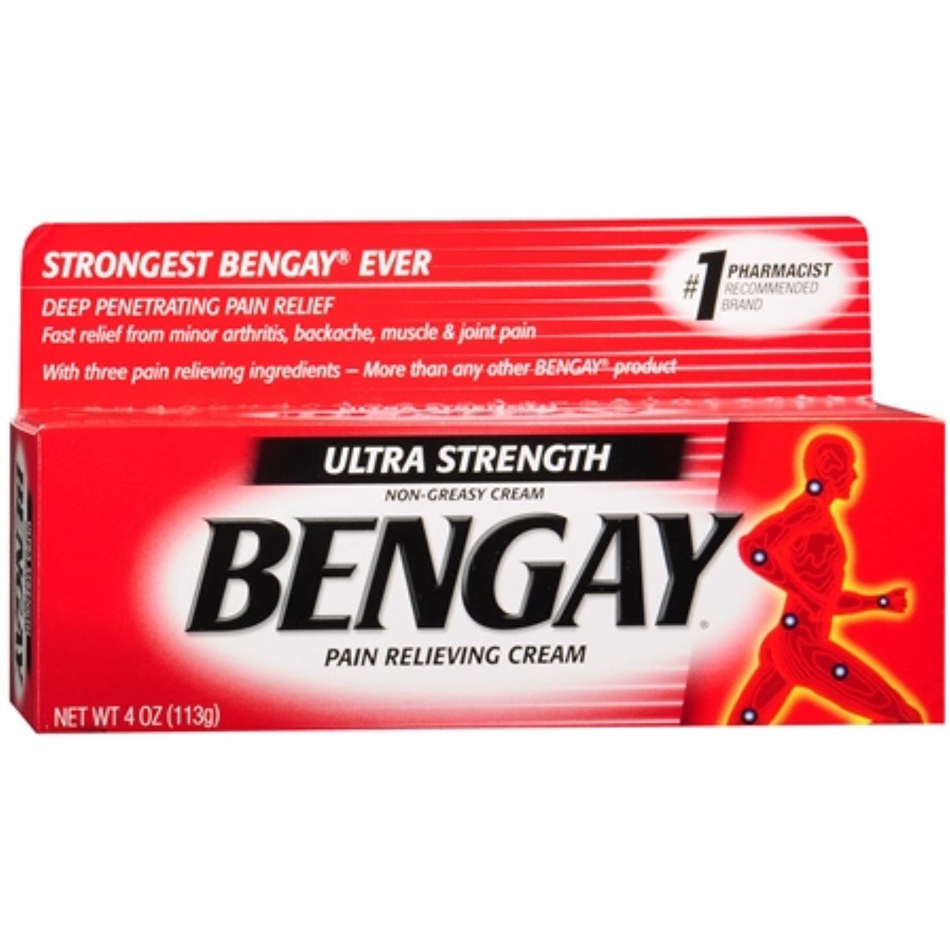 Bengay Ultra Strength Non-Greasy Topical Pain Relief Cream 4 oz in a white tube, used for muscle and joint pain relief.