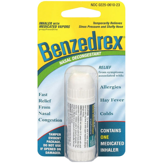 Benzedrex nasal decongestant inhaler with medicated vapors, health and beauty product from Pasteur Pharmacy, handheld inhaler device