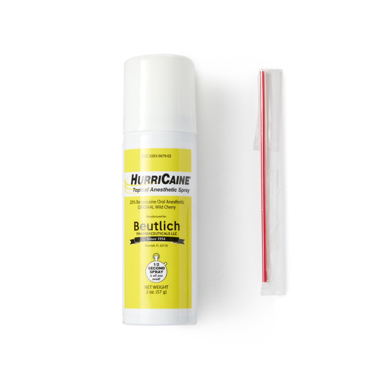 Beutlich Inc HurriCaine Wild Cherry Oral Benzocaine 20% topical anesthetic spray in 2 oz bottle, used for oral pain relief.