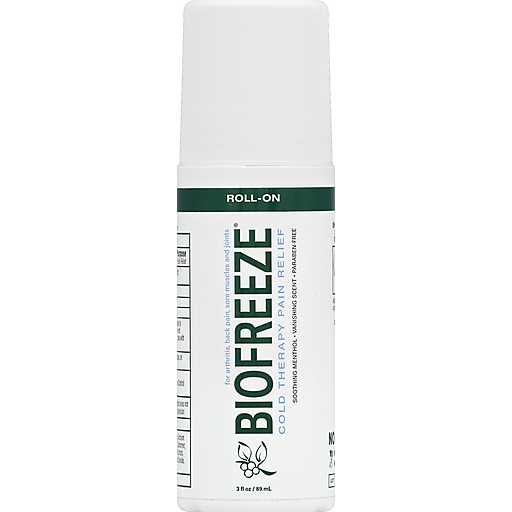 Biofreeze Pain Relief Roll-On 3 oz, natural pain relief product from Pasteur Pharmacy, showing the roll-on bottle and label.
