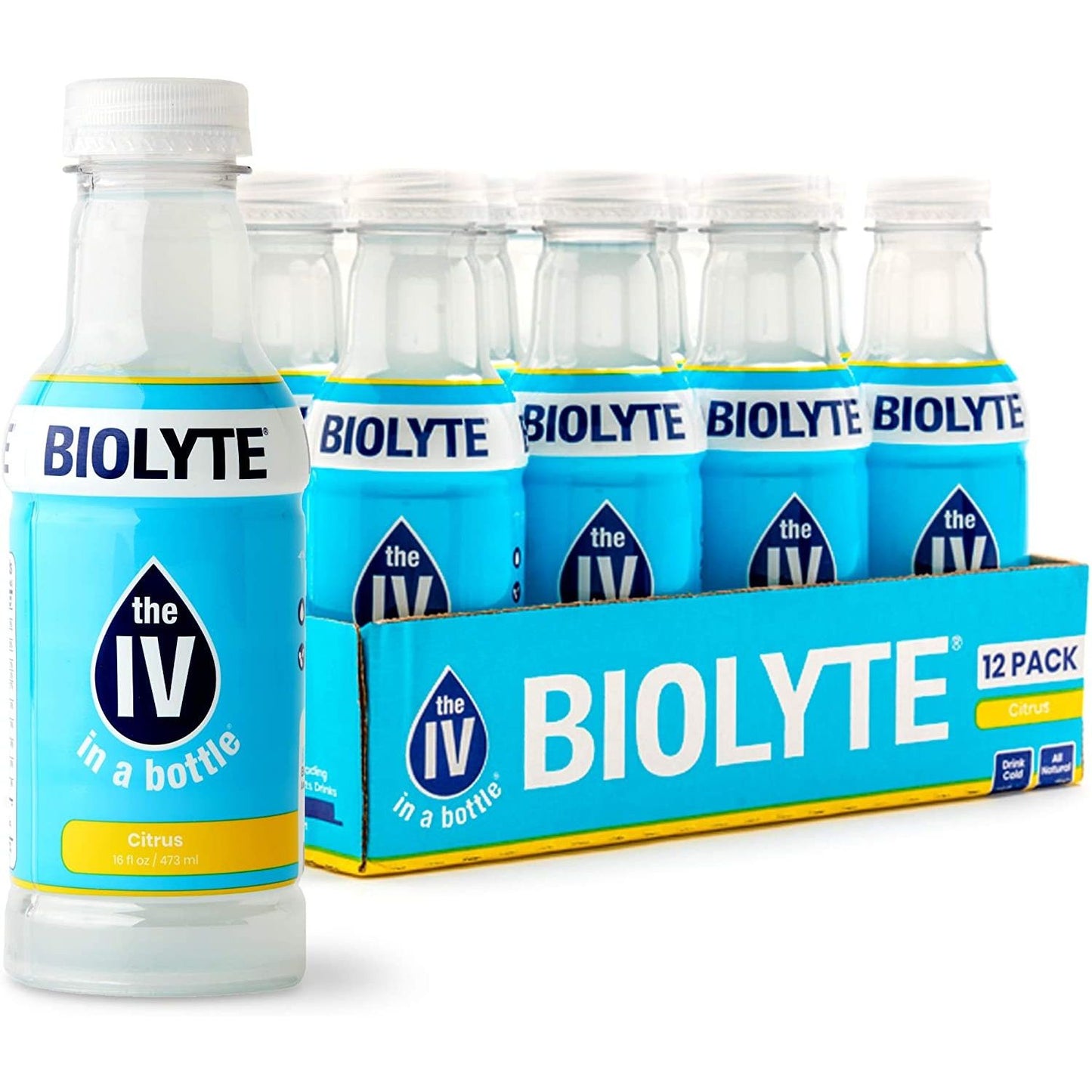 Biolyte Lq Citrus electrolyte drink in 12x16 oz bottles, health and beauty product by Pasteur Pharmacy with citrus flavor.
