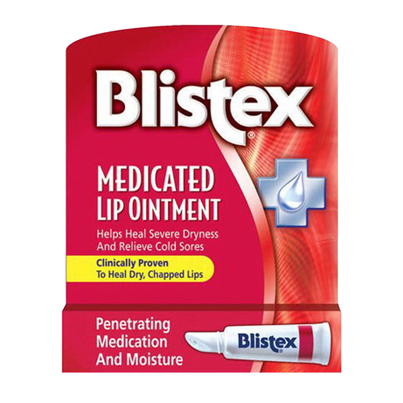 Blistex Medicated Lip Ointment tube in 0.21 oz for sore lip relief, shown in a close-up image.