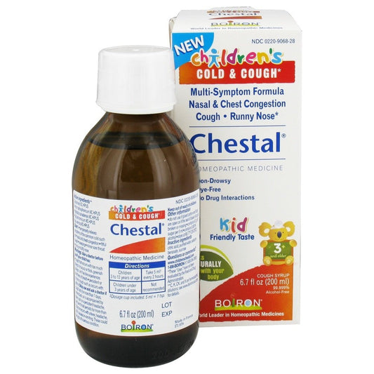 Boiron Chestal adult cold and cough syrup in a 6.7 fl oz bottle, used for nasal congestion and cold relief.