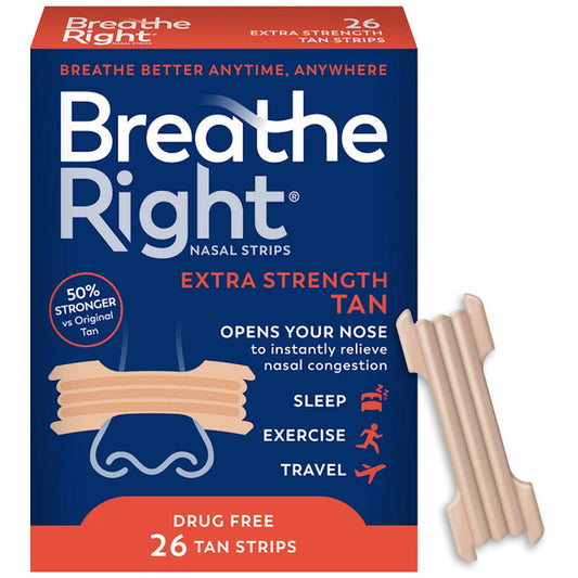 Breathe Right Extra Strength Tan Nasal Strips for improved airflow, shown on a white background.