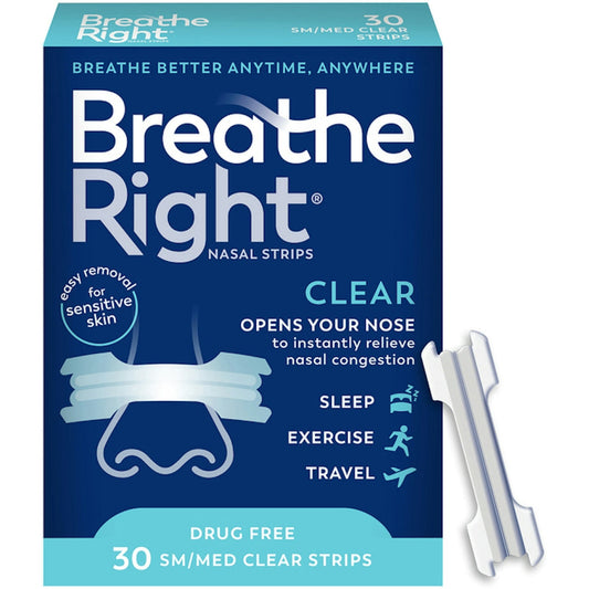 Breathe Right nasal strips, original clear, small/medium size, for nasal congestion relief, by Pasteur Pharmacy.