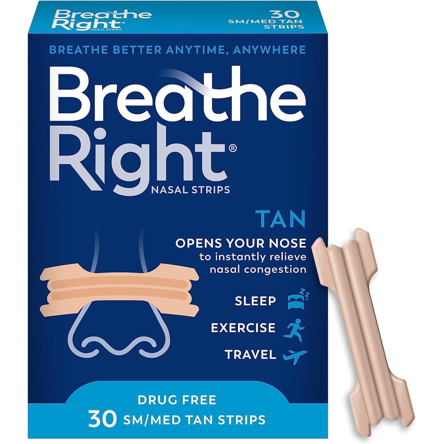 Breathe Right nasal strips in tan, small/medium size, designed to improve airflow and reduce nasal congestion.