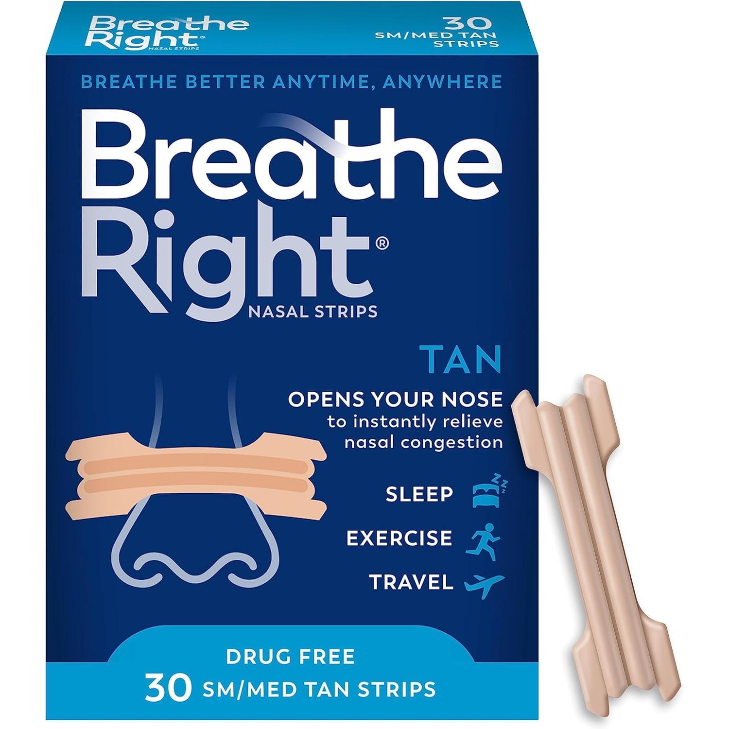 Breathe Right nasal strips in tan, small/medium size, designed to improve airflow and reduce nasal congestion.