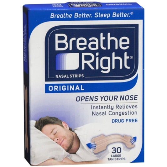 Breathe Right Original Tan Nasal Strips in 30-count package, designed to help open nasal passages for easier breathing.