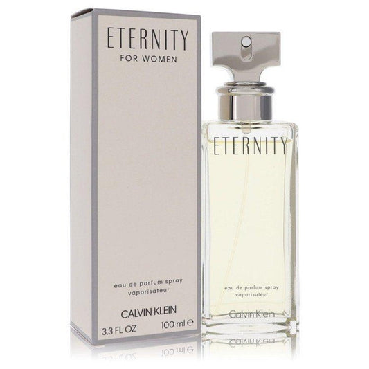 Calvin Klein Eternity for Women 3.3 oz EDP spray bottle, elegant fragrance packaging for women.
