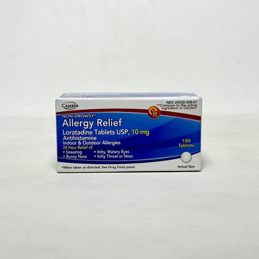 Box of Camber Allergy Relief Loratadine 10 mg 100 count tablets from Pasteur Pharmacy, showing the packaging and tablets inside.