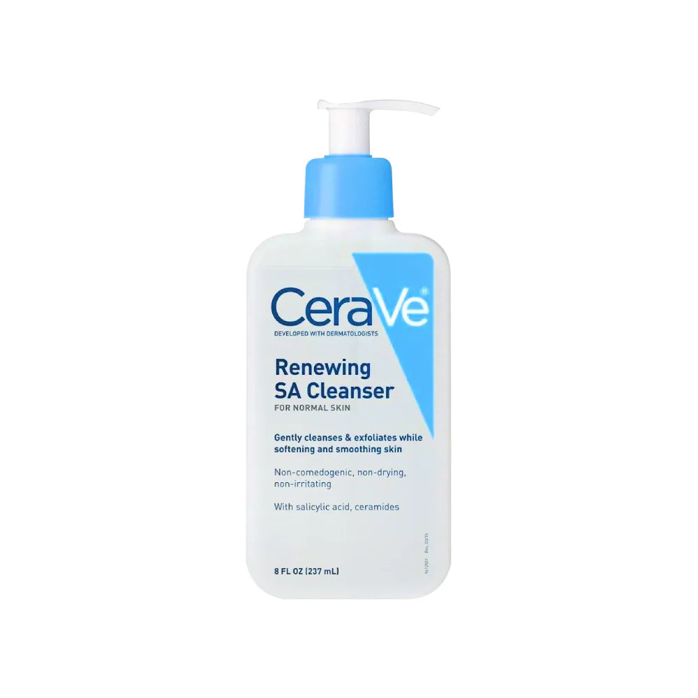 CeraVe Renewing SA Cleanser for Normal Skin in 8 fl oz bottle, gentle facial cleanser with exfoliating properties, healthy skin care.