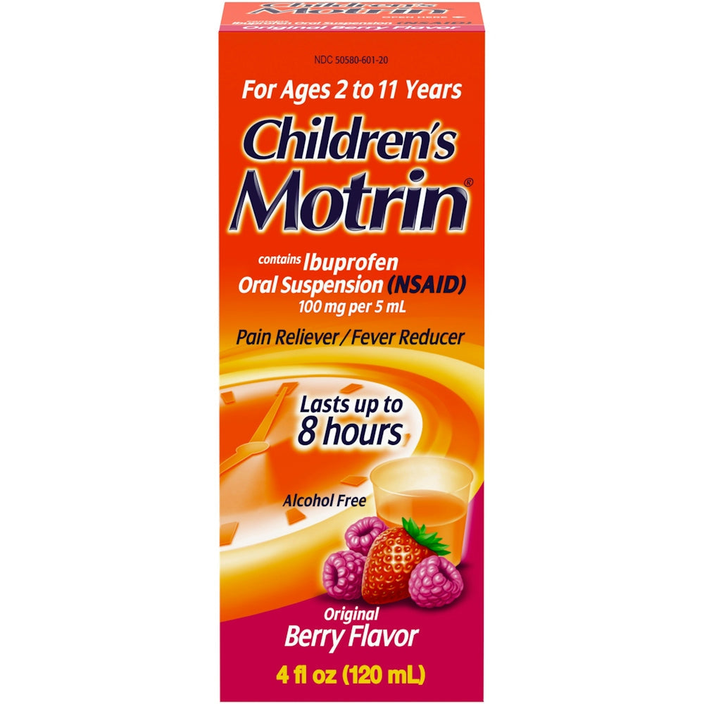 Children's Motrin pain reliever and fever reducer in berry flavor, oral suspension bottle, 4 fl oz, from Pasteur Pharmacy.
