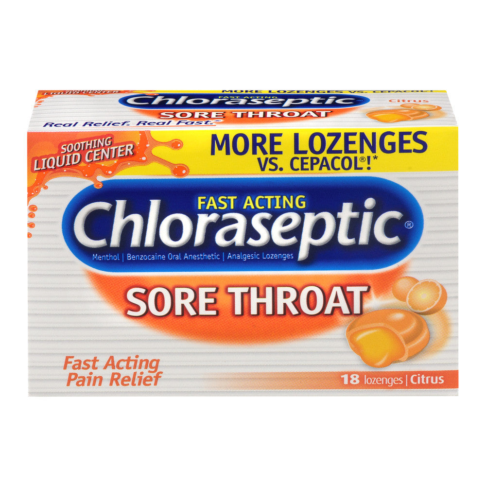 Chloraseptic Lozenges 6-10mg Citrus by Pasteur Pharmacy, 18 flavored throat lozenges in orange packaging for soothing relief