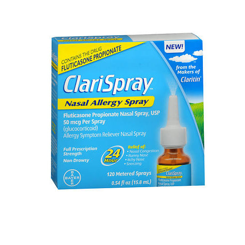 ClariSpray 24-hour non-drowsy nasal allergy spray in a small 0.54 fl oz bottle from Pasteur Pharmacy, with 120 metered sprays.