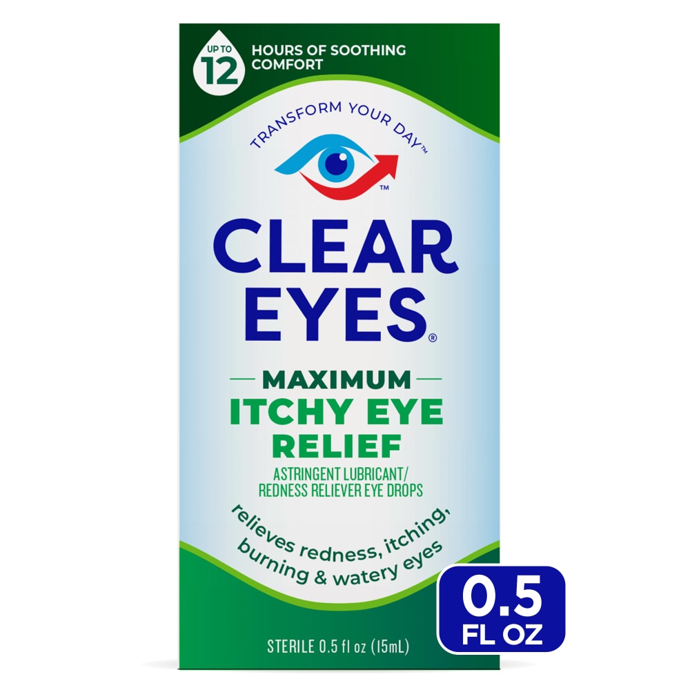 Clear Eyes Itchy Eye Relief Maximum Sterile eye drops in 0.5 fl oz bottle, used for soothing itchy eyes.