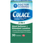 Box of Colace 2-in-1 stool softener and stimulant laxative tablets by Pasteur Pharmacy, showing the product packaging.