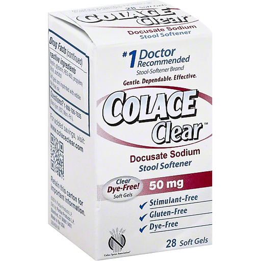 Colace Clear Docustate Sodium Stool Softener 50 Mg soft gels in a bottle, used for gentle bowel relief, by Pasteur Pharmacy.