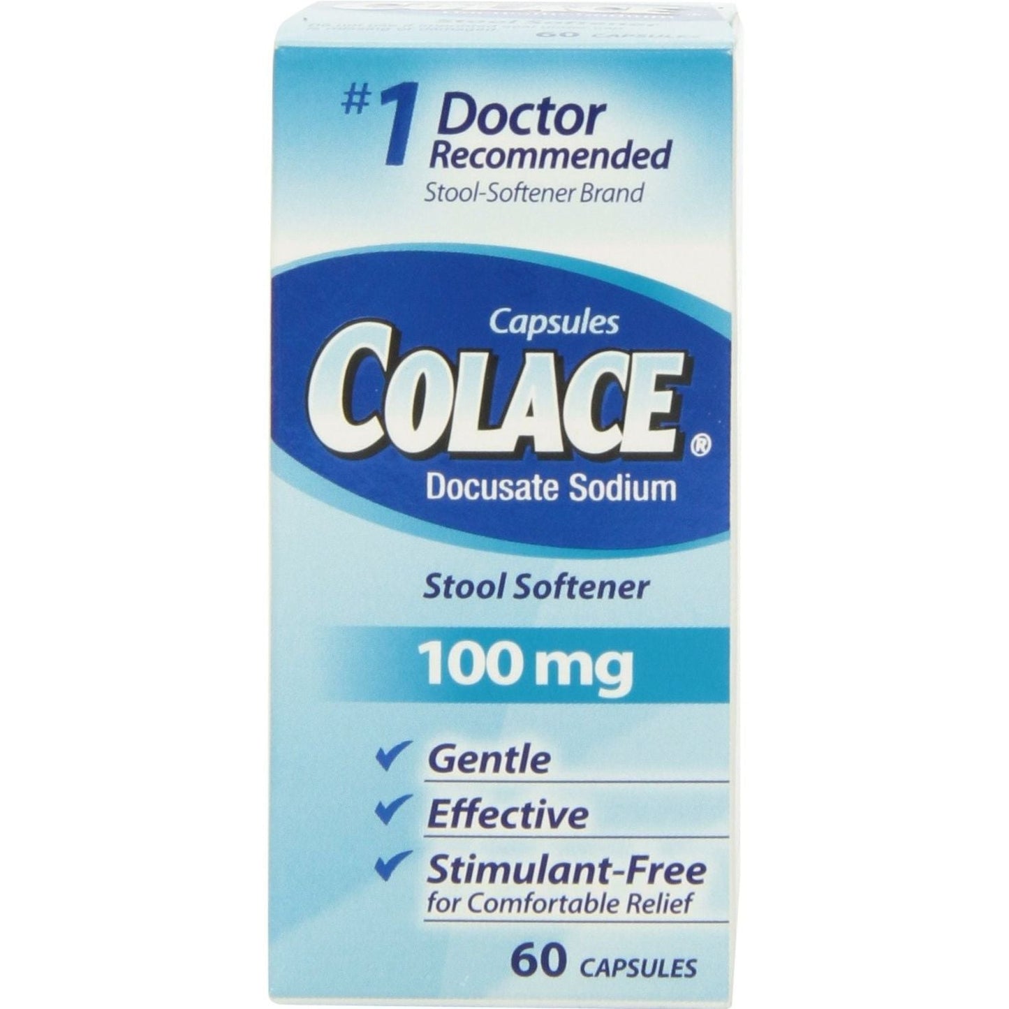 Bottle of Pasteur Pharmacy Colace Regular Strength Stool Softener capsules, 60-count, in a health and beauty setting.