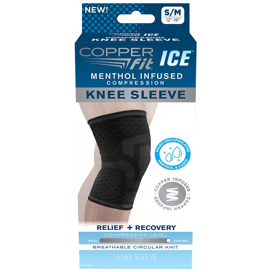 Copper Fit ICE knee sleeve by Pasteur Pharmacy, S/M size, infused with cooling action and menthol for joint relief and support.