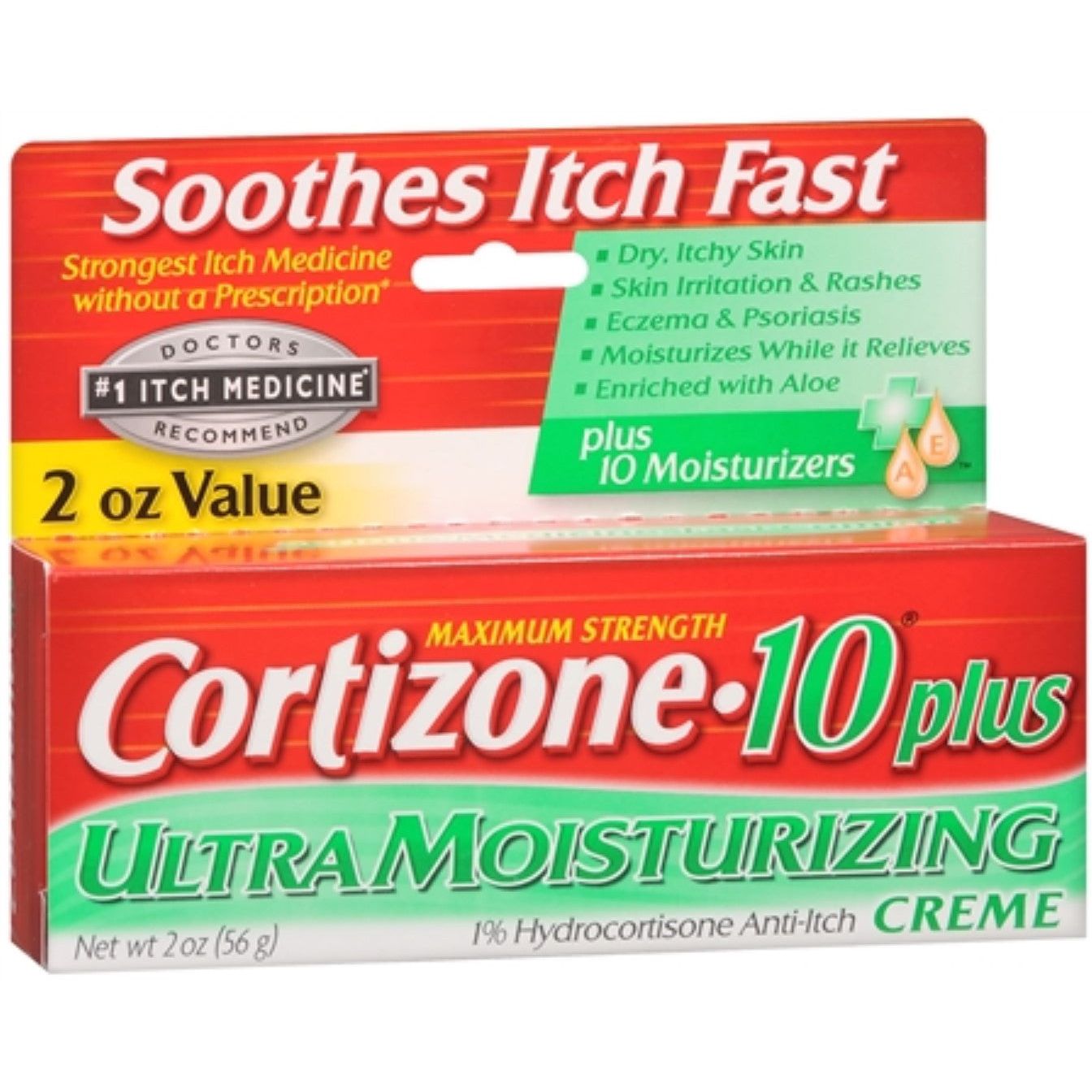 Cortizone 10 Plus Ultra Moisturizing Creme jar, maximum strength 2 oz, for skin relief and hydration in health and beauty.