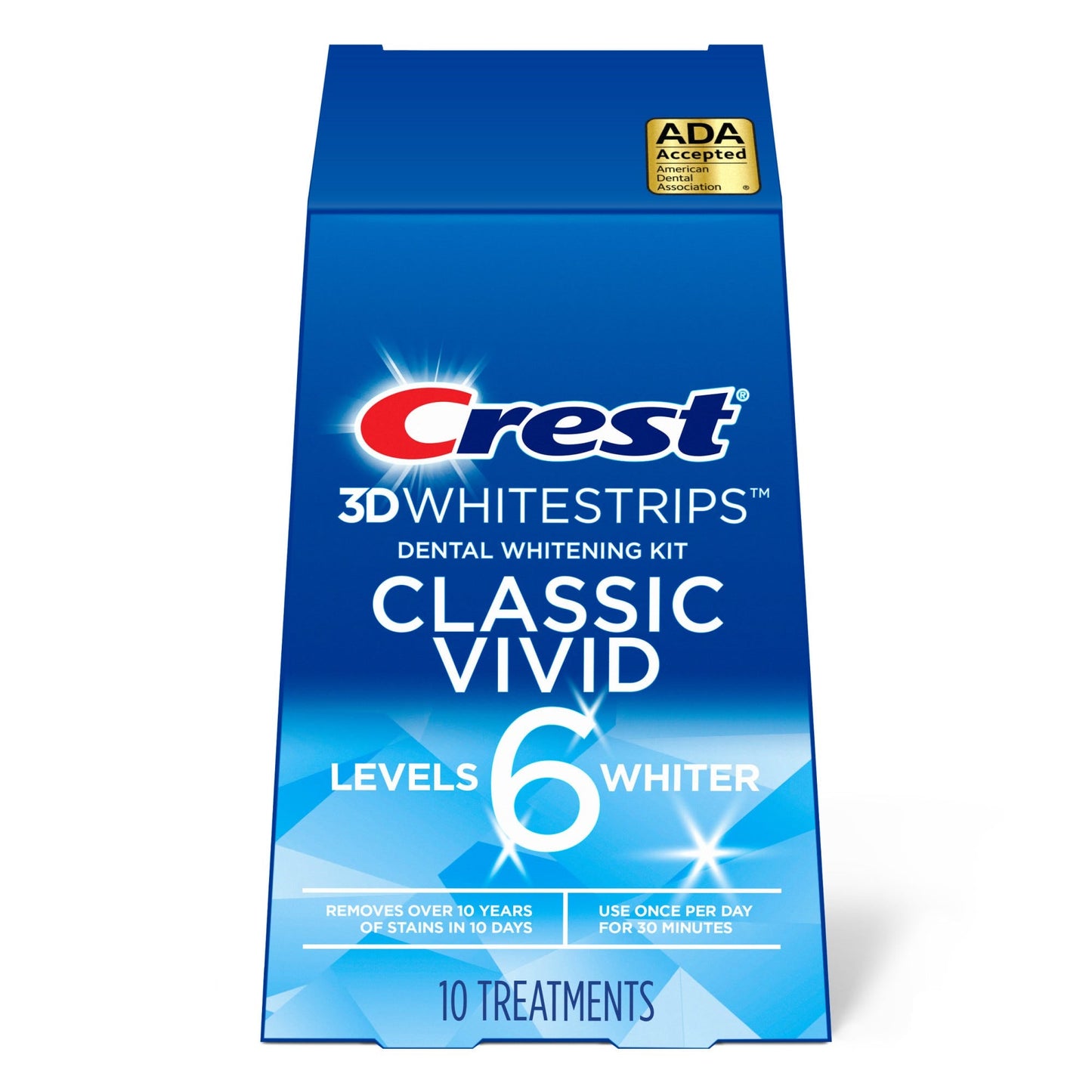 Crest 3D White Classic Vivid Whitestrips dental whitening kit with 10 treatments, featuring whitening strips for bright teeth.