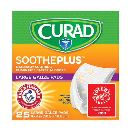 Large Curad Soothe Plus Gauze Pads 4x4 inches in a 25-count pack, designed for wound care and protection.