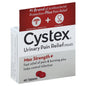 Cystex Urinary Pain Relief Max Strength+ tablets for urinary health and pain relief, in a white bottle with blue label.