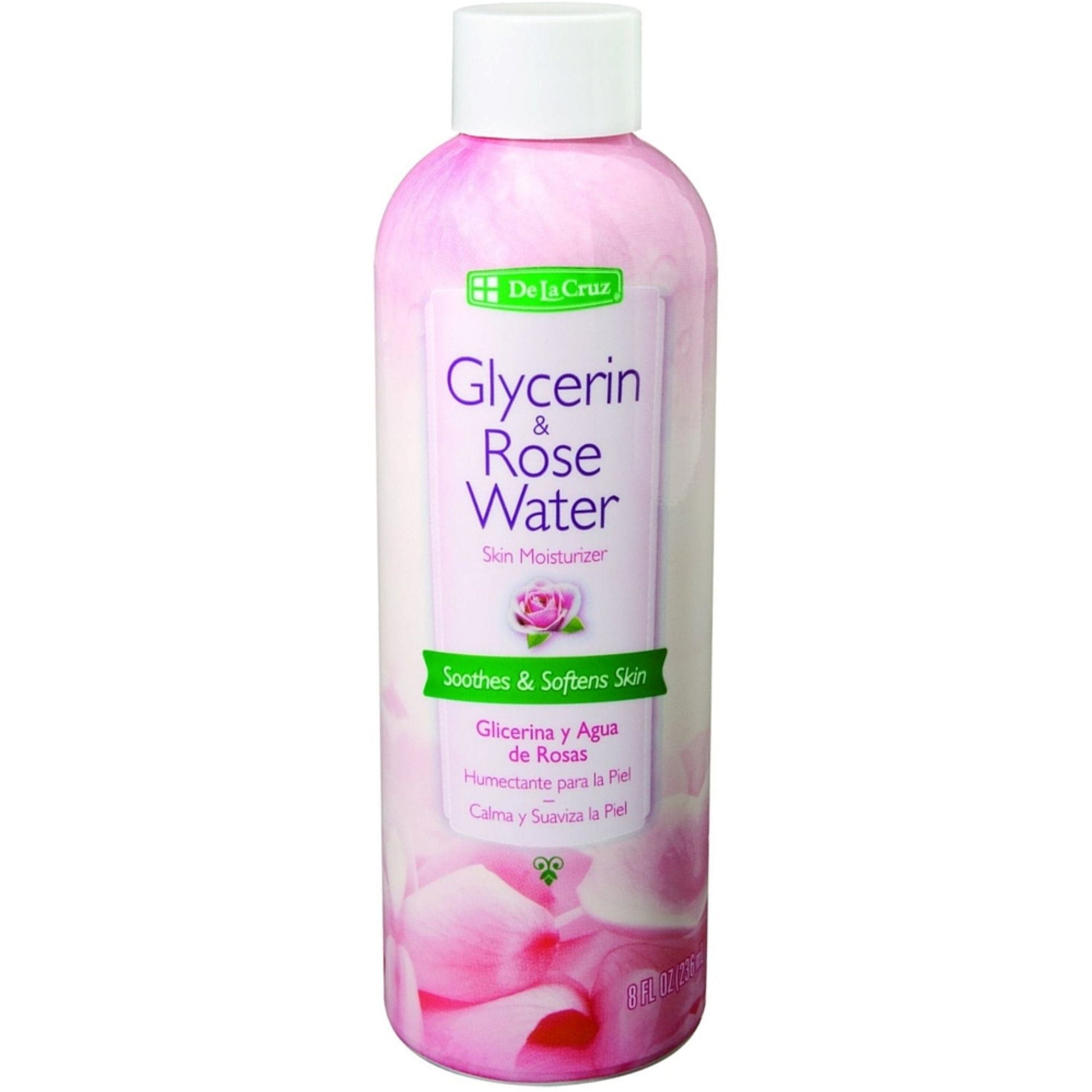 De La Cruz glycerin and rose water moisturizer for skin and hair in 8 oz bottle, natural skincare and hair hydration.