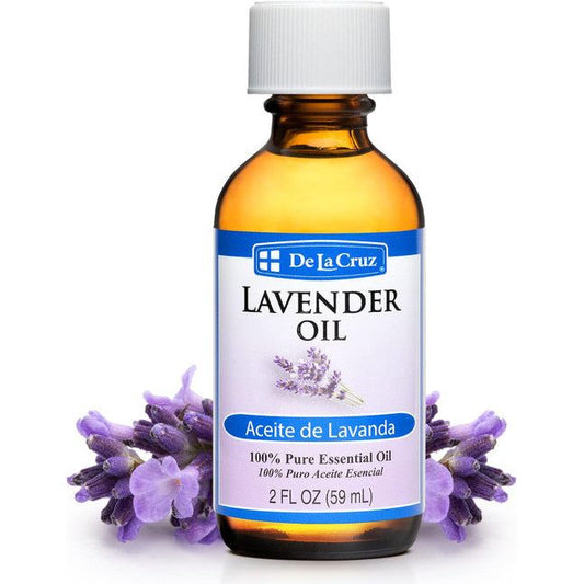 De La Cruz Lavender Oil for aromatherapy, 2 fl oz bottle, natural health and beauty product with calming lavender scent.