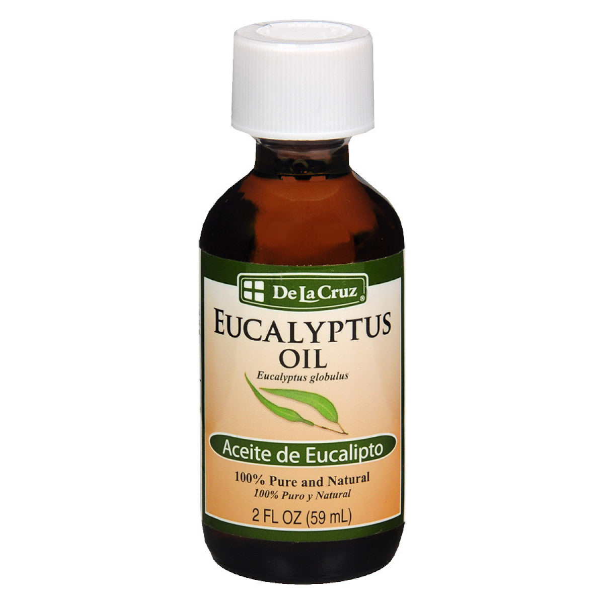 De La Cruz Pure Eucalyptus Oil dietary supplement in a 2 fl oz bottle, used for health and wellness purposes.