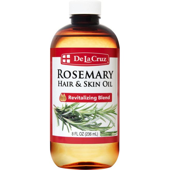 De La Cruz Rosemary Hair and Skin Oil in 8 Fl Oz bottle, natural health and beauty product for hair and skin care.
