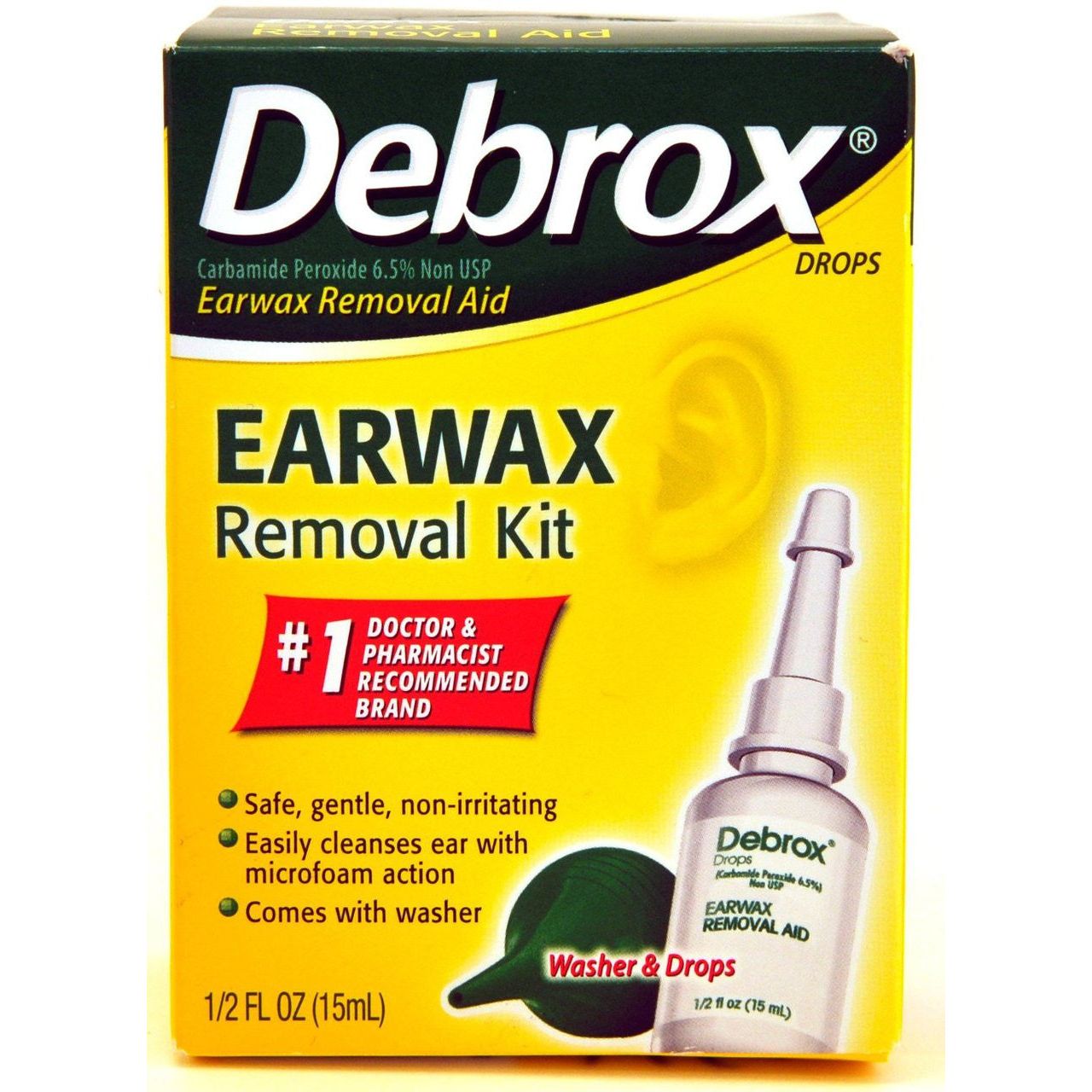 Debrox Earwax Removal Kit with drops and ear syringe bulb for ear cleaning, 0.5 oz, in health and beauty category.