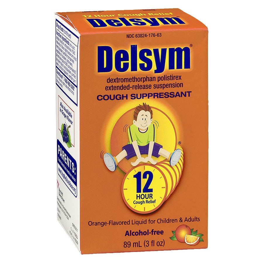 Delsym Children’s Cough 12 Hour Relief Orange Flavored Liquid in 3 Fl Oz bottle, designed for kids’ cough relief.