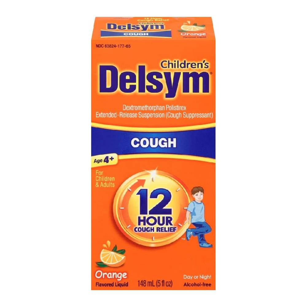 Delsym Children's Cough Suppressant Liquid in orange flavor, 5 oz bottle, with label showing product details and branding.